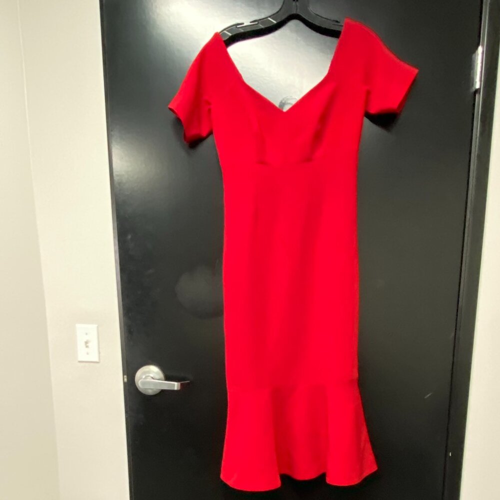 cinq a sept Bright Red V‑Neck Midi Dress with Flounce Hem